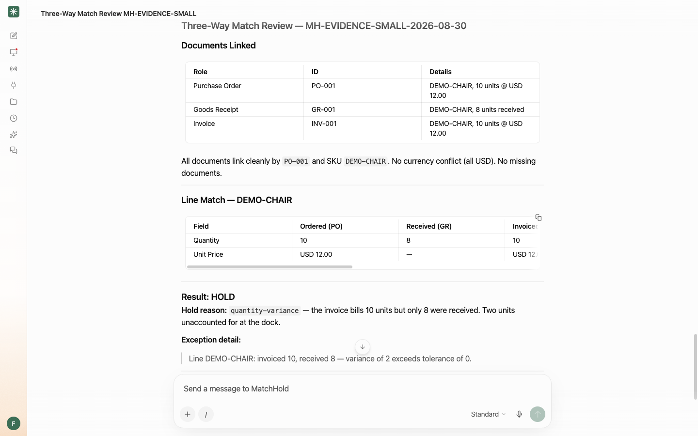 MatchHold report holding an invoice because the receipt is two units short